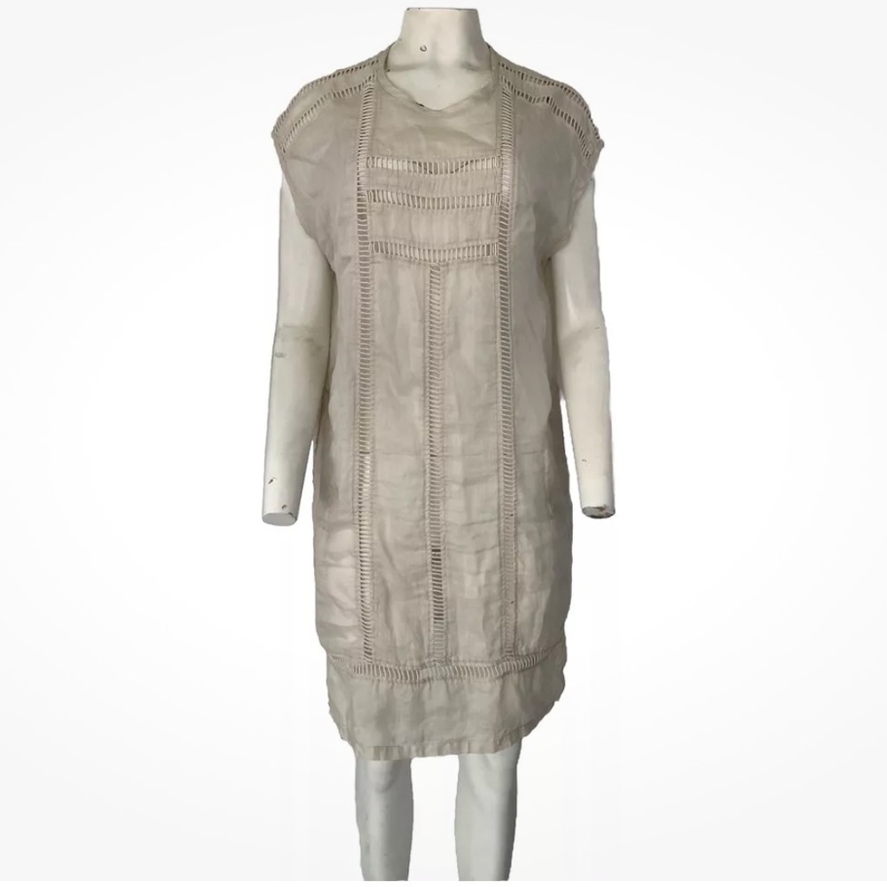 Lee Mathews Sz 4 US 100% Linen Shift Dress Beige Casual Sheer Crochet Detail